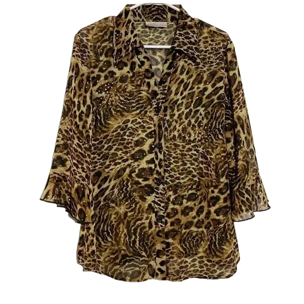 Dressbarn women  leopard 3/4 bell sleeves brown lightweight animal print blouse